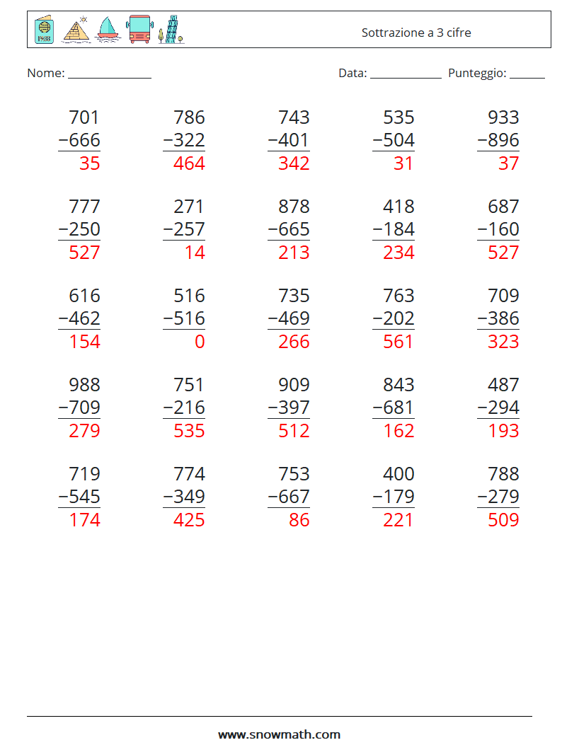(25) Sottrazione a 3 cifre Fogli di lavoro di matematica 5 Domanda, Risposta