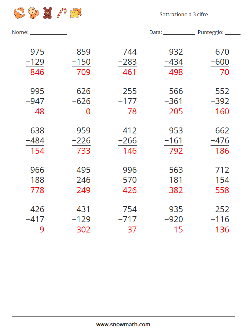 (25) Sottrazione a 3 cifre Fogli di lavoro di matematica 6 Domanda, Risposta