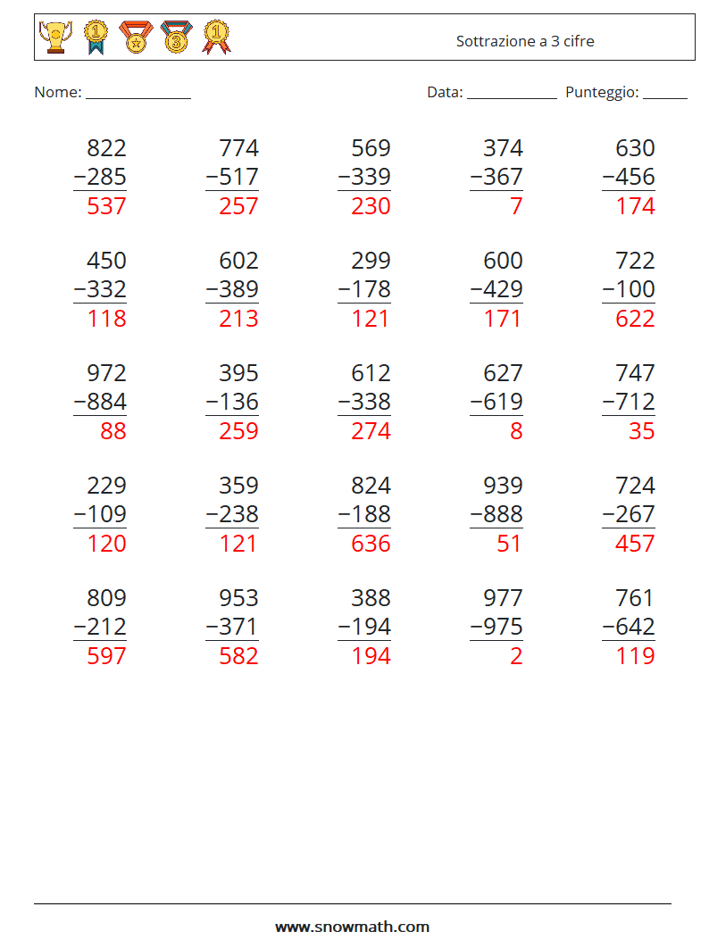 (25) Sottrazione a 3 cifre Fogli di lavoro di matematica 8 Domanda, Risposta