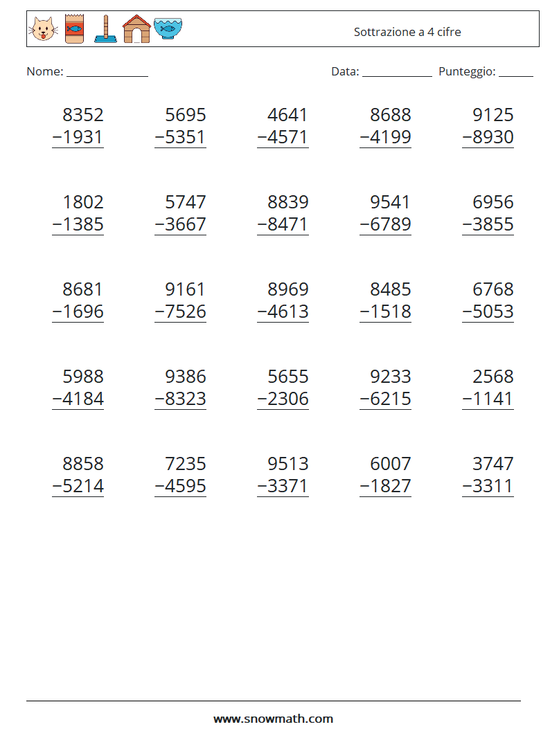 (25) Sottrazione a 4 cifre Fogli di lavoro di matematica 1