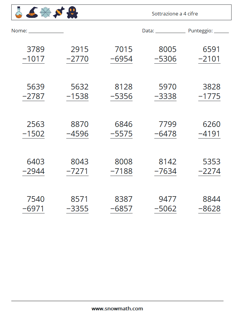 (25) Sottrazione a 4 cifre Fogli di lavoro di matematica 10