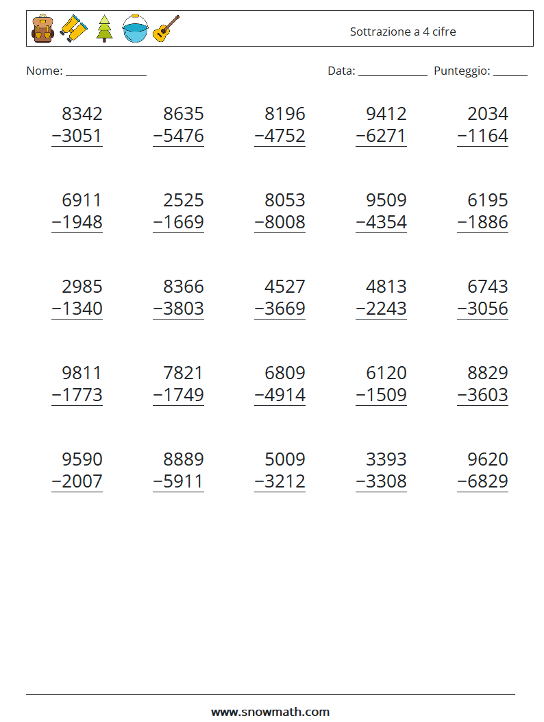 (25) Sottrazione a 4 cifre Fogli di lavoro di matematica 11