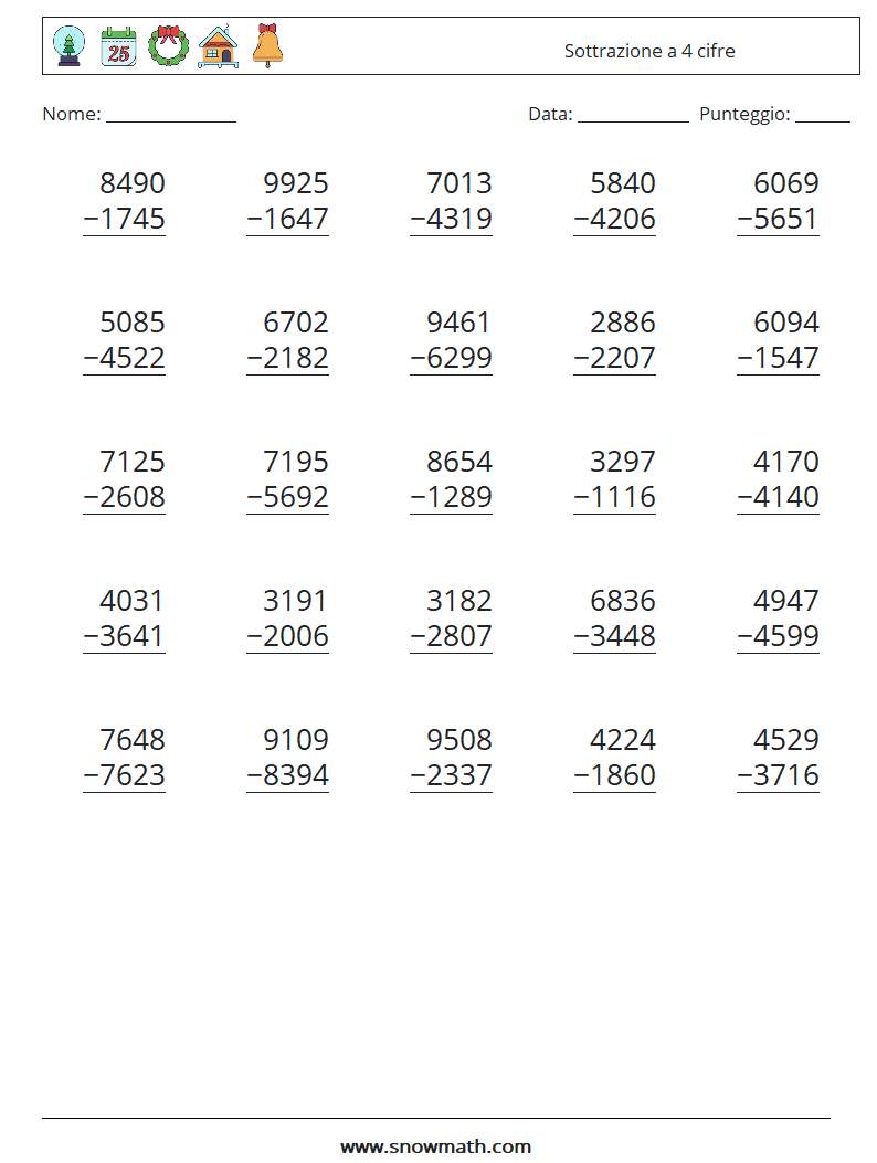 (25) Sottrazione a 4 cifre Fogli di lavoro di matematica 12