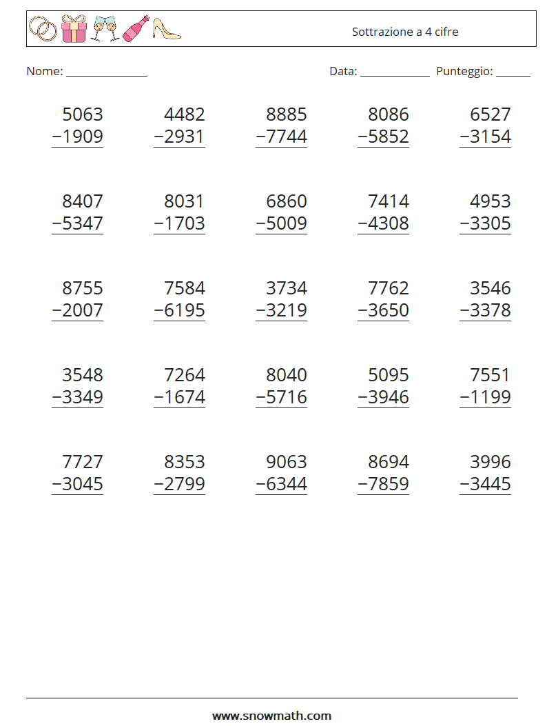 (25) Sottrazione a 4 cifre Fogli di lavoro di matematica 13