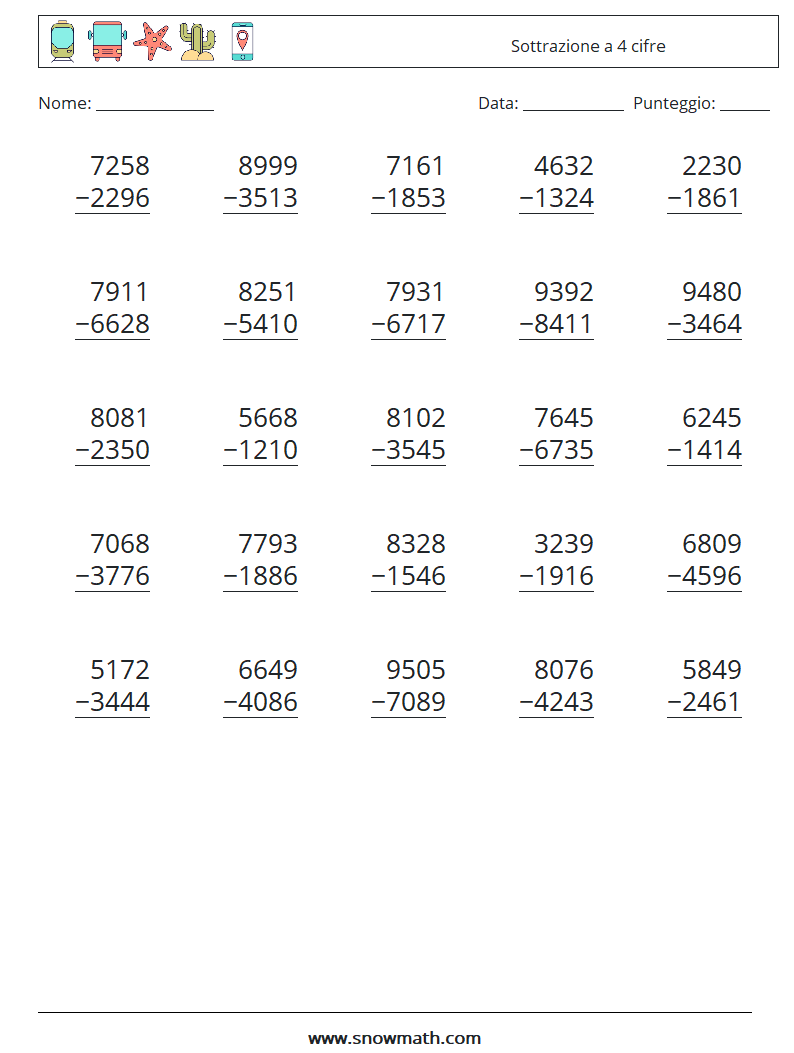 (25) Sottrazione a 4 cifre Fogli di lavoro di matematica 14