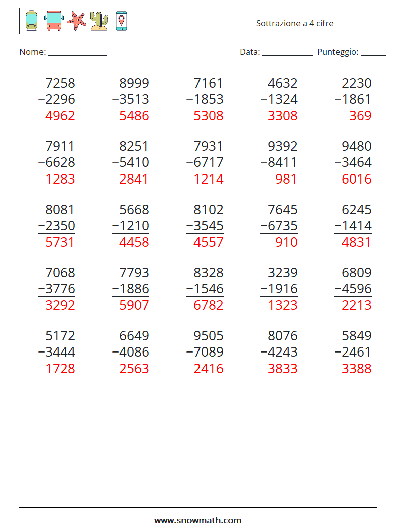 (25) Sottrazione a 4 cifre Fogli di lavoro di matematica 14 Domanda, Risposta