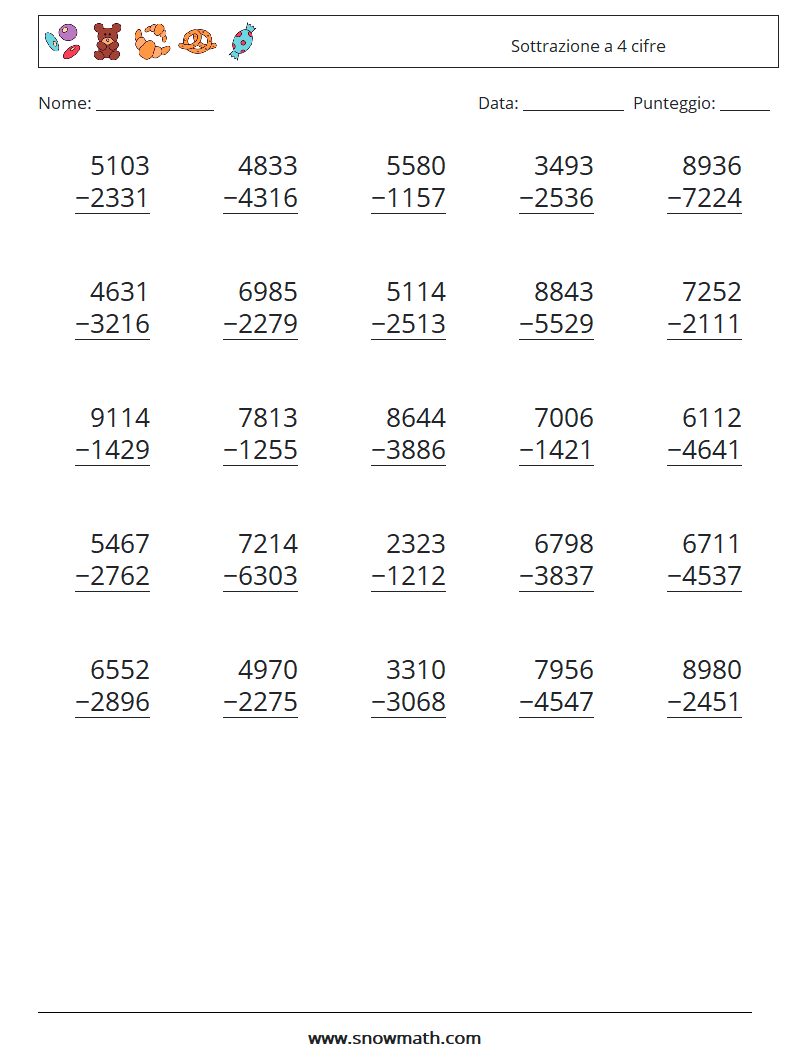 (25) Sottrazione a 4 cifre Fogli di lavoro di matematica 15