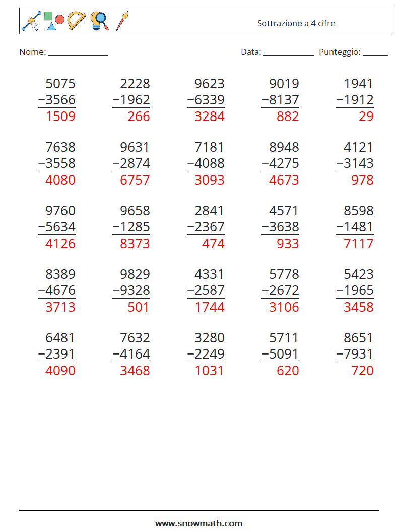 (25) Sottrazione a 4 cifre Fogli di lavoro di matematica 16 Domanda, Risposta