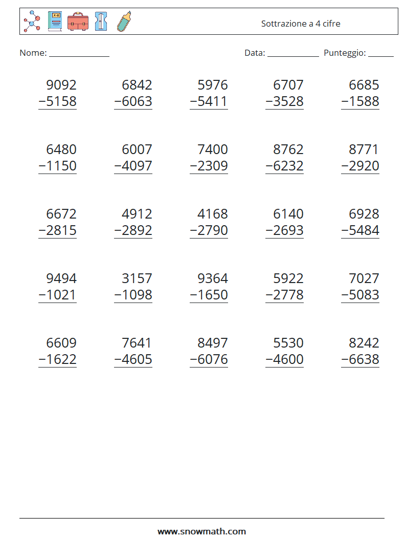 (25) Sottrazione a 4 cifre Fogli di lavoro di matematica 17