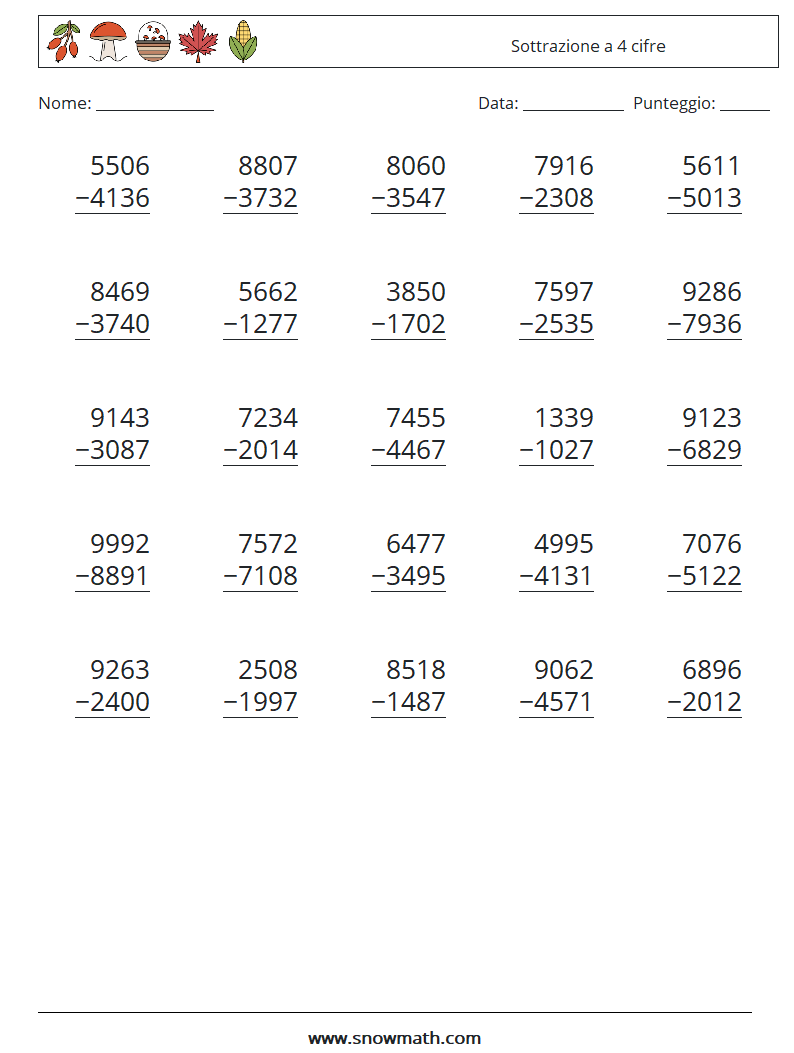 (25) Sottrazione a 4 cifre Fogli di lavoro di matematica 18