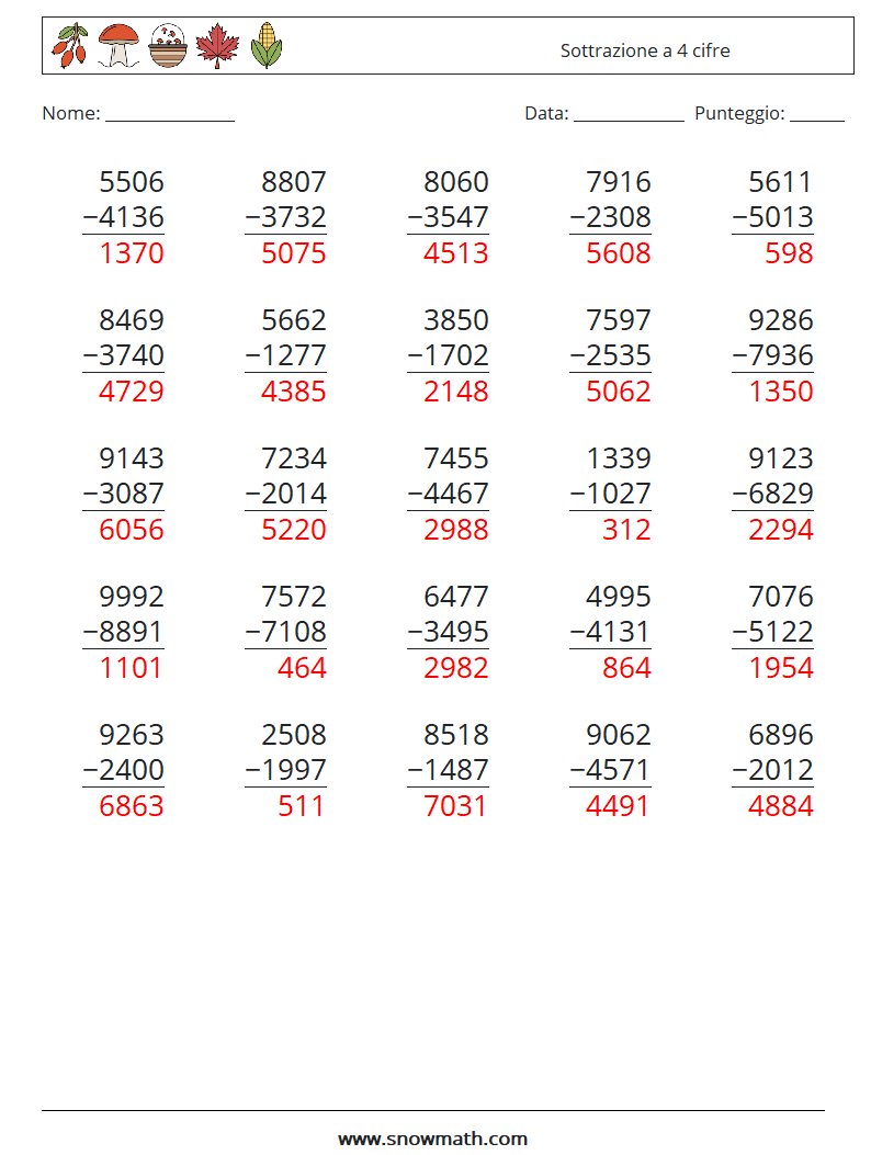 (25) Sottrazione a 4 cifre Fogli di lavoro di matematica 18 Domanda, Risposta