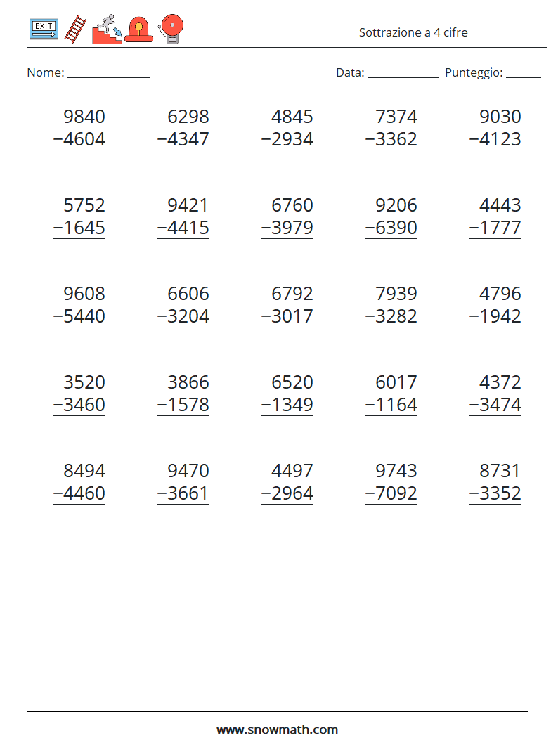 (25) Sottrazione a 4 cifre Fogli di lavoro di matematica 2