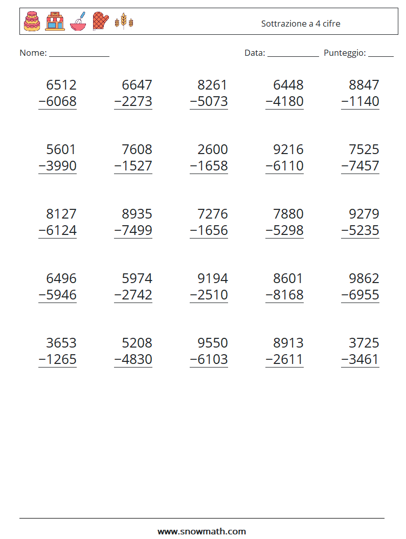 (25) Sottrazione a 4 cifre Fogli di lavoro di matematica 3