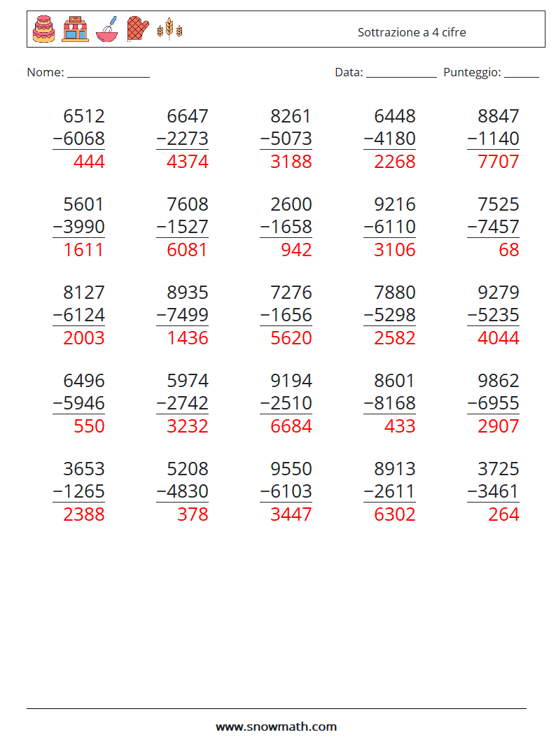 (25) Sottrazione a 4 cifre Fogli di lavoro di matematica 3 Domanda, Risposta