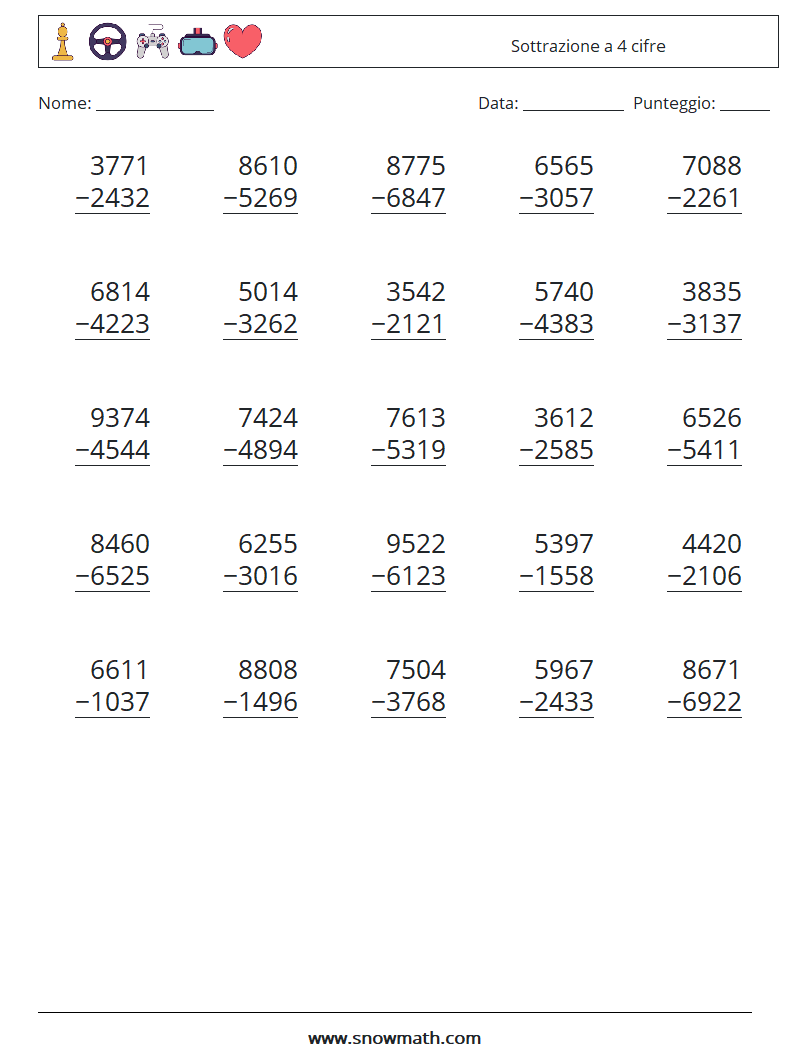 (25) Sottrazione a 4 cifre Fogli di lavoro di matematica 4