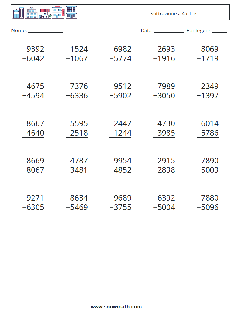 (25) Sottrazione a 4 cifre Fogli di lavoro di matematica 5