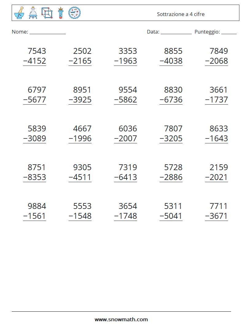 (25) Sottrazione a 4 cifre Fogli di lavoro di matematica 7