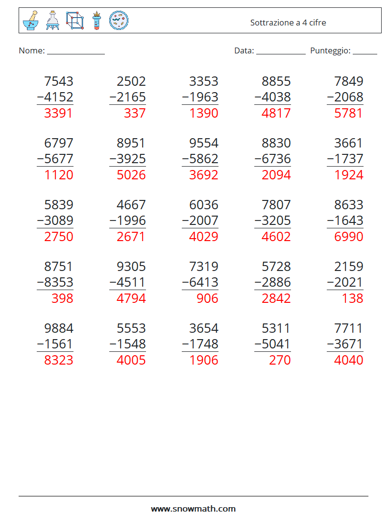 (25) Sottrazione a 4 cifre Fogli di lavoro di matematica 7 Domanda, Risposta
