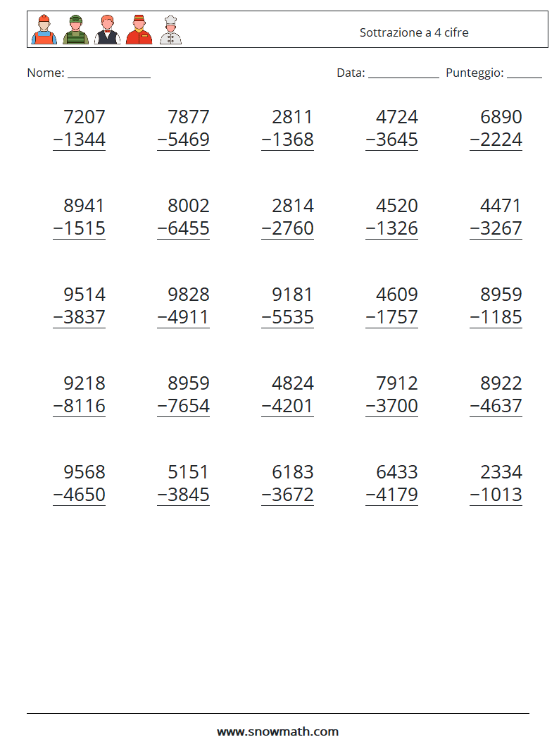 (25) Sottrazione a 4 cifre Fogli di lavoro di matematica 8