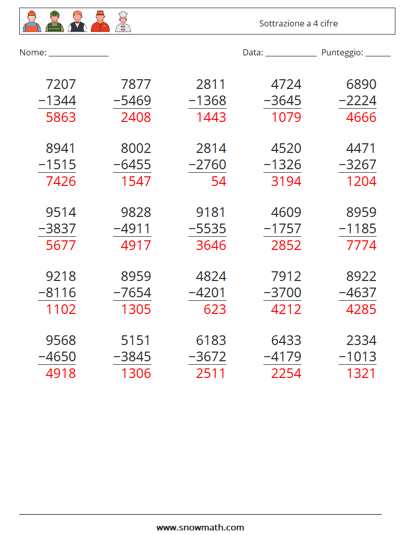 (25) Sottrazione a 4 cifre Fogli di lavoro di matematica 8 Domanda, Risposta