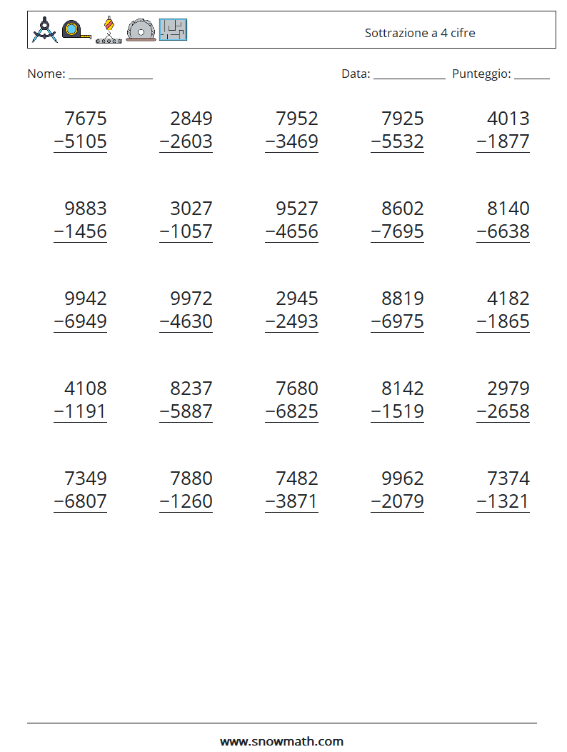 (25) Sottrazione a 4 cifre Fogli di lavoro di matematica 9