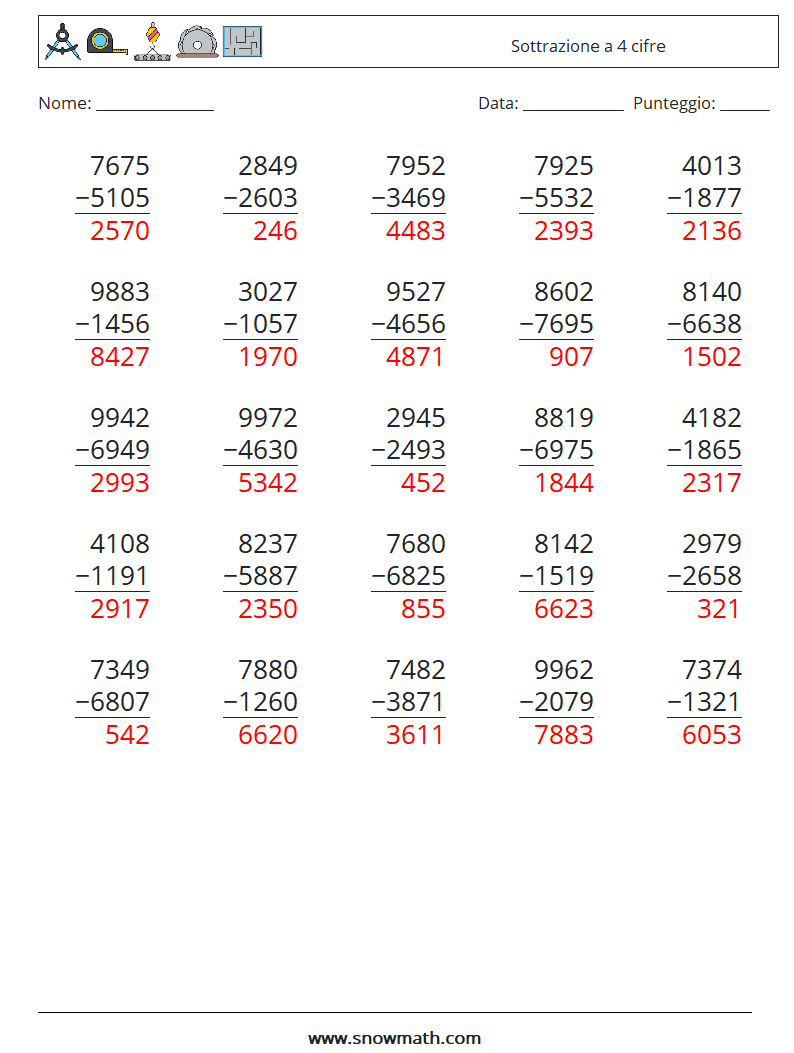 (25) Sottrazione a 4 cifre Fogli di lavoro di matematica 9 Domanda, Risposta