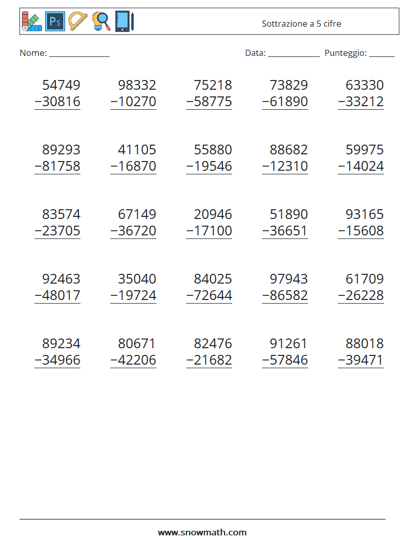 (25) Sottrazione a 5 cifre Fogli di lavoro di matematica 1