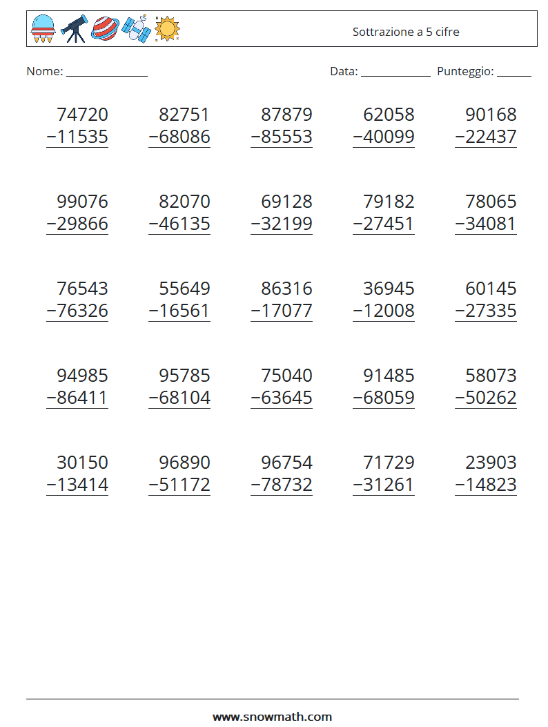 (25) Sottrazione a 5 cifre Fogli di lavoro di matematica 10