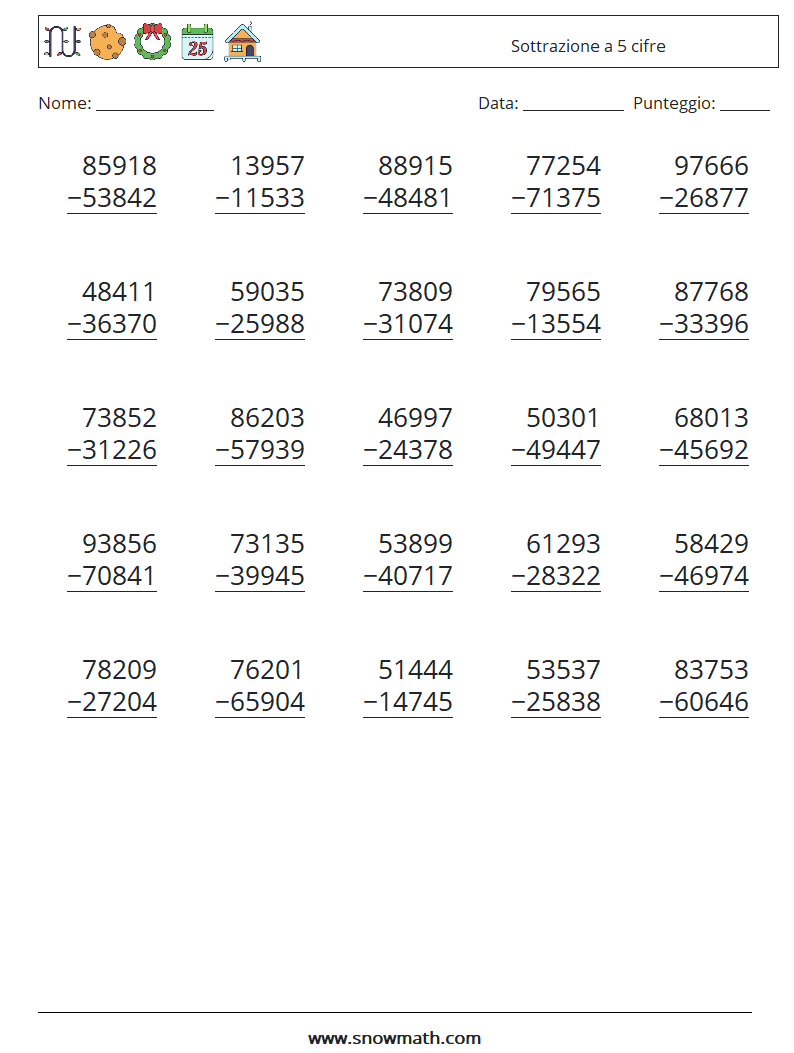 (25) Sottrazione a 5 cifre Fogli di lavoro di matematica 11