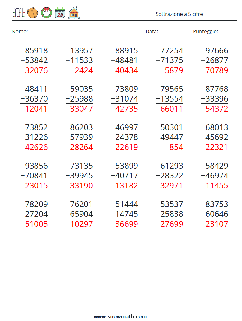 (25) Sottrazione a 5 cifre Fogli di lavoro di matematica 11 Domanda, Risposta