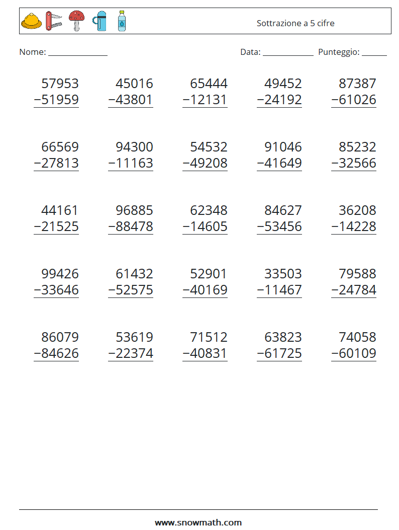 (25) Sottrazione a 5 cifre Fogli di lavoro di matematica 12