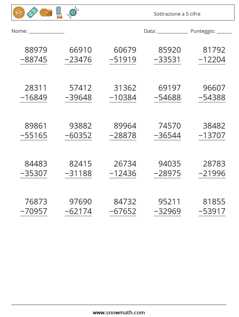 (25) Sottrazione a 5 cifre Fogli di lavoro di matematica 13