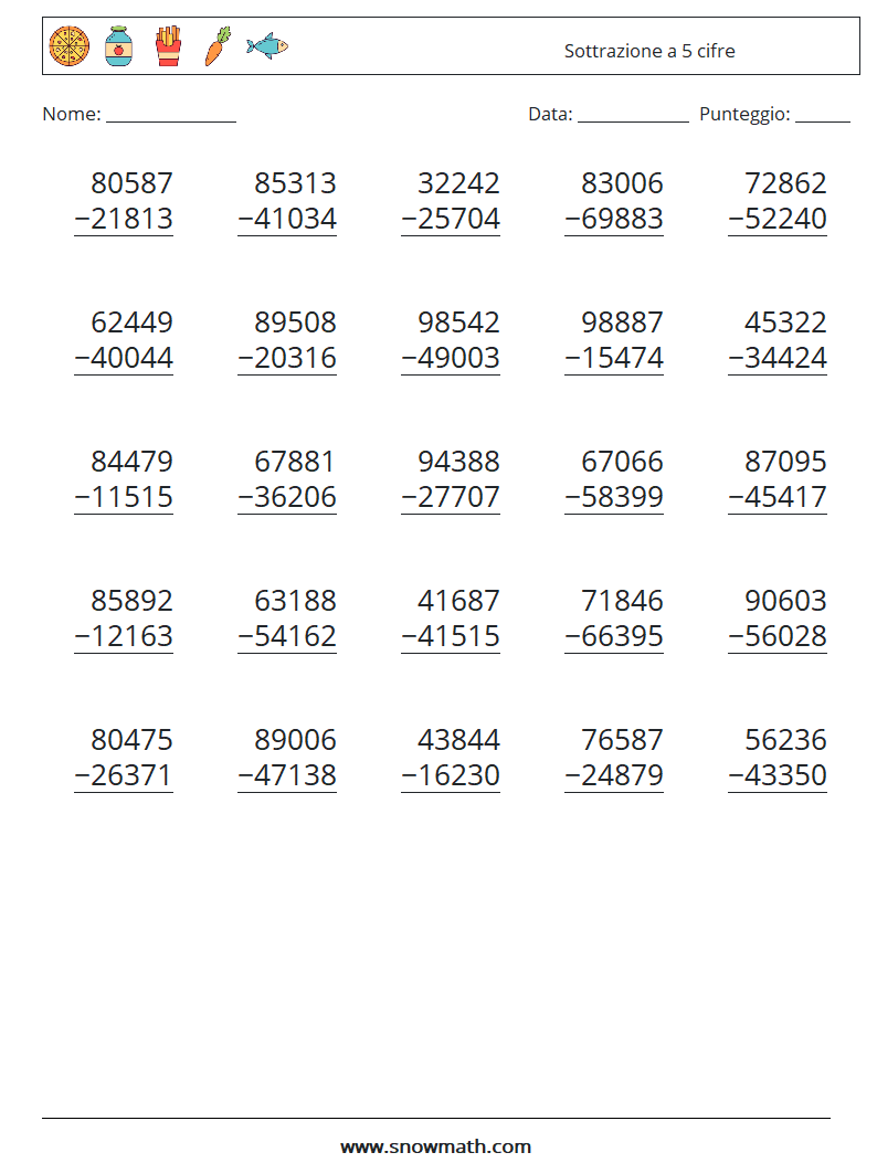 (25) Sottrazione a 5 cifre Fogli di lavoro di matematica 14