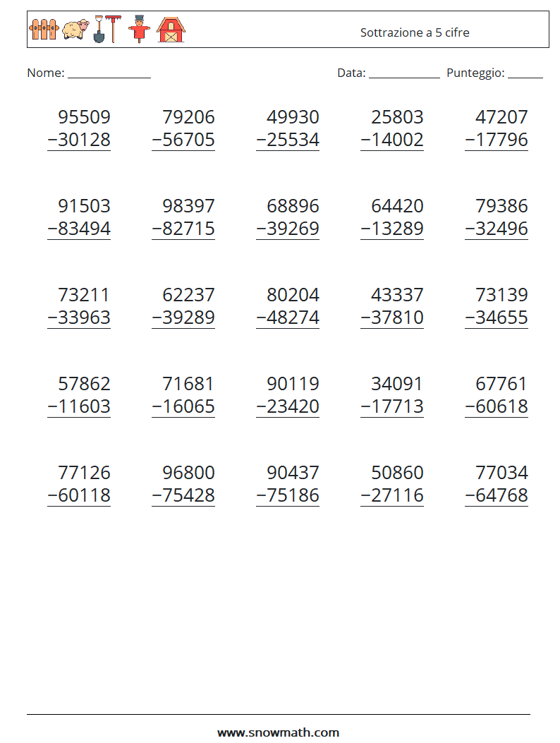 (25) Sottrazione a 5 cifre Fogli di lavoro di matematica 15