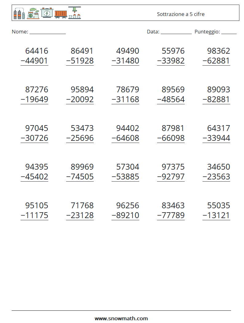 (25) Sottrazione a 5 cifre Fogli di lavoro di matematica 16