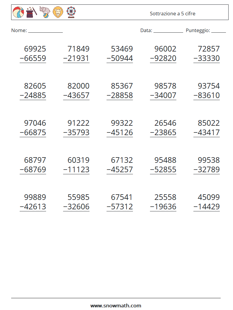 (25) Sottrazione a 5 cifre Fogli di lavoro di matematica 17