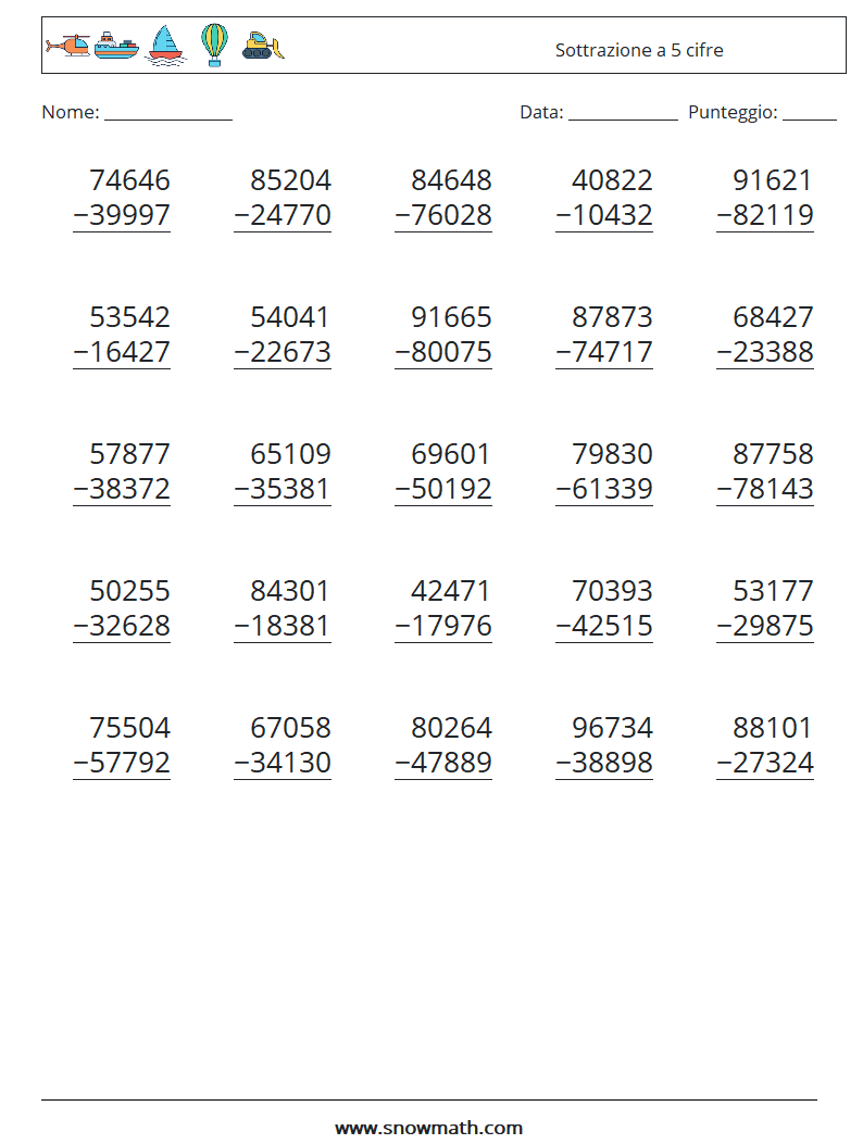 (25) Sottrazione a 5 cifre Fogli di lavoro di matematica 18