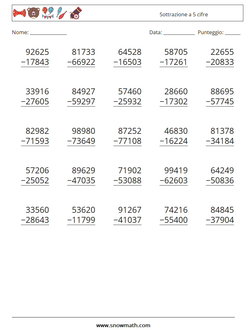 (25) Sottrazione a 5 cifre Fogli di lavoro di matematica 2