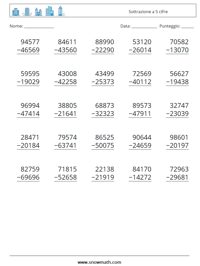 (25) Sottrazione a 5 cifre Fogli di lavoro di matematica 3