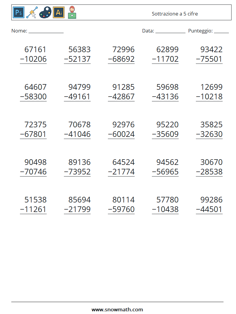 (25) Sottrazione a 5 cifre Fogli di lavoro di matematica 4