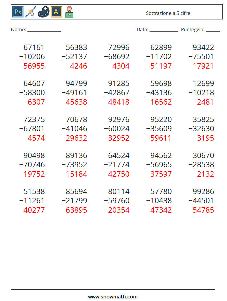 (25) Sottrazione a 5 cifre Fogli di lavoro di matematica 4 Domanda, Risposta
