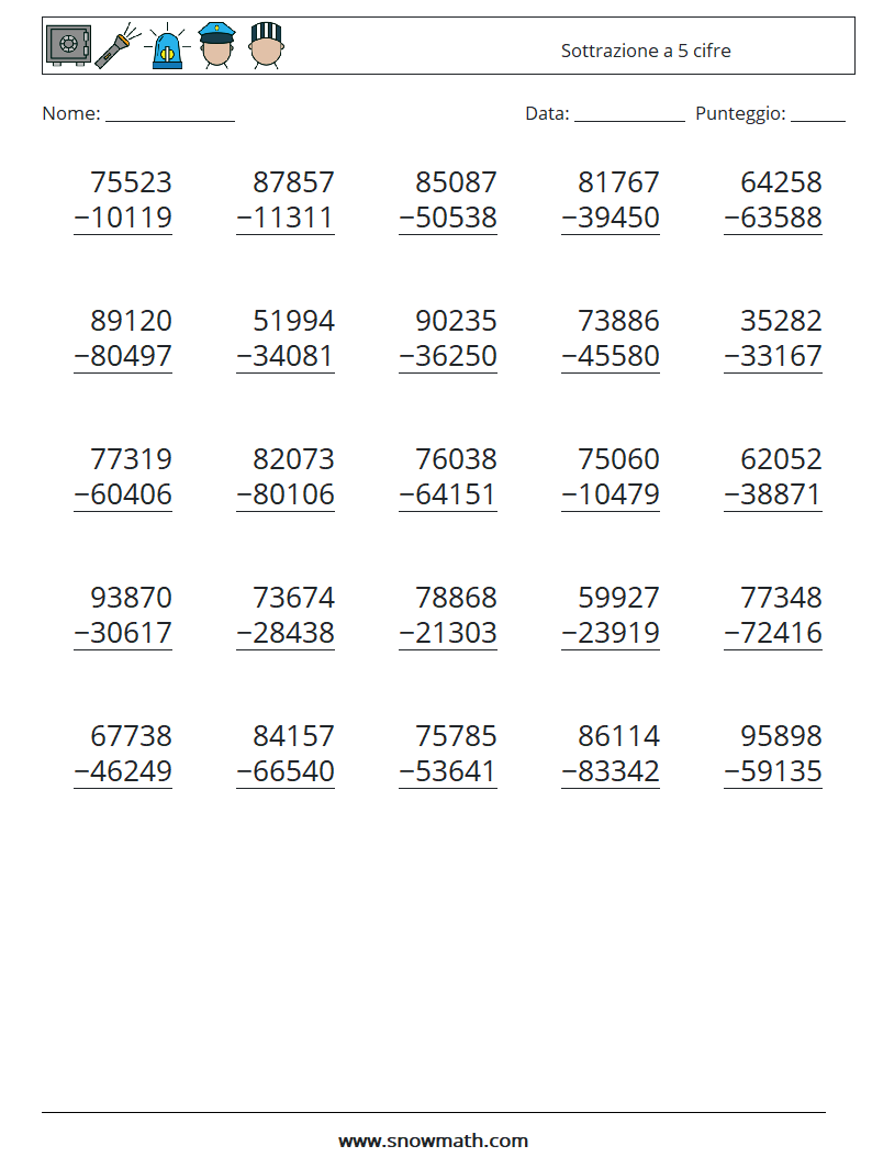 (25) Sottrazione a 5 cifre Fogli di lavoro di matematica 5