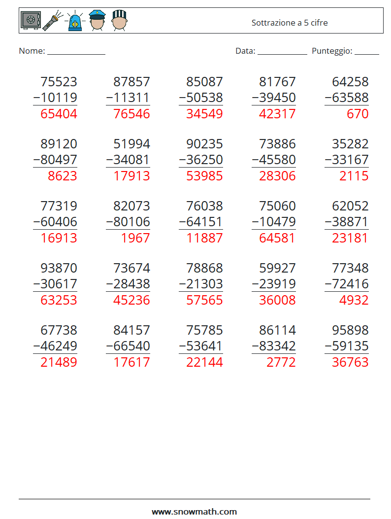 (25) Sottrazione a 5 cifre Fogli di lavoro di matematica 5 Domanda, Risposta