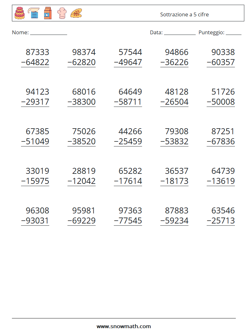 (25) Sottrazione a 5 cifre Fogli di lavoro di matematica 6