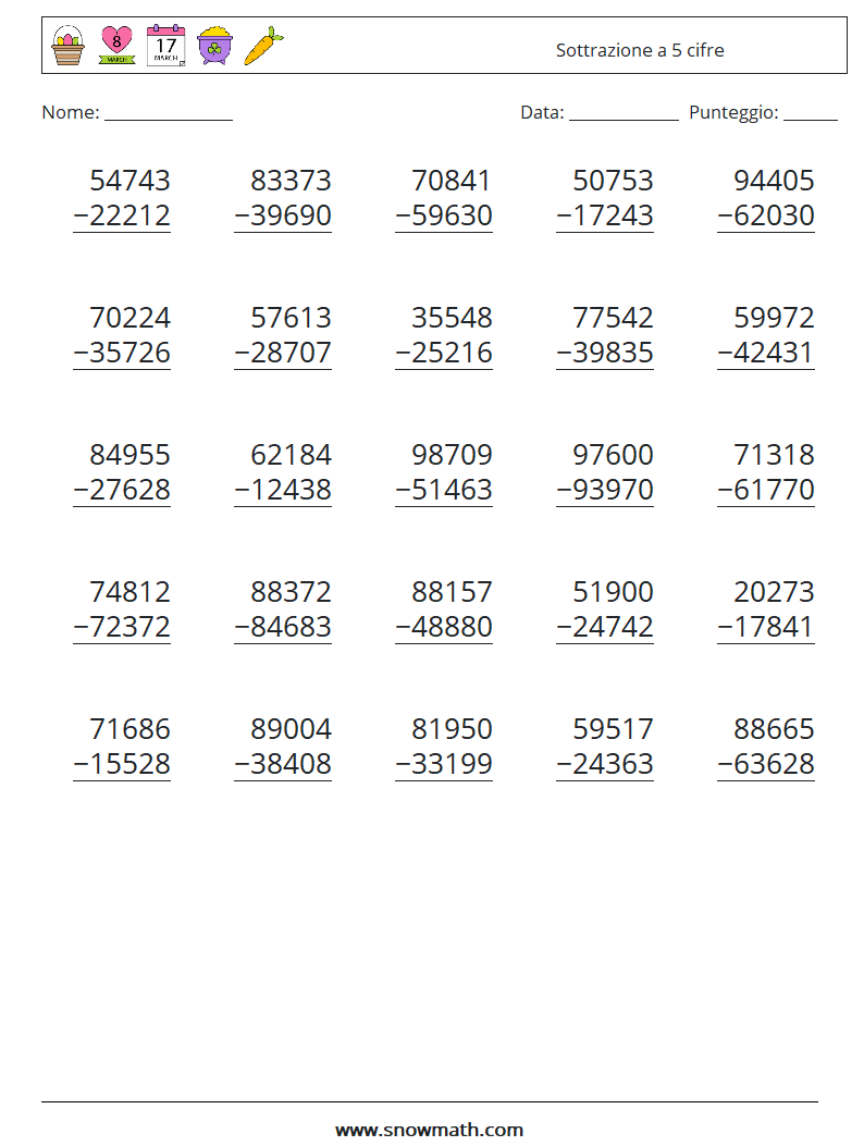 (25) Sottrazione a 5 cifre Fogli di lavoro di matematica 7