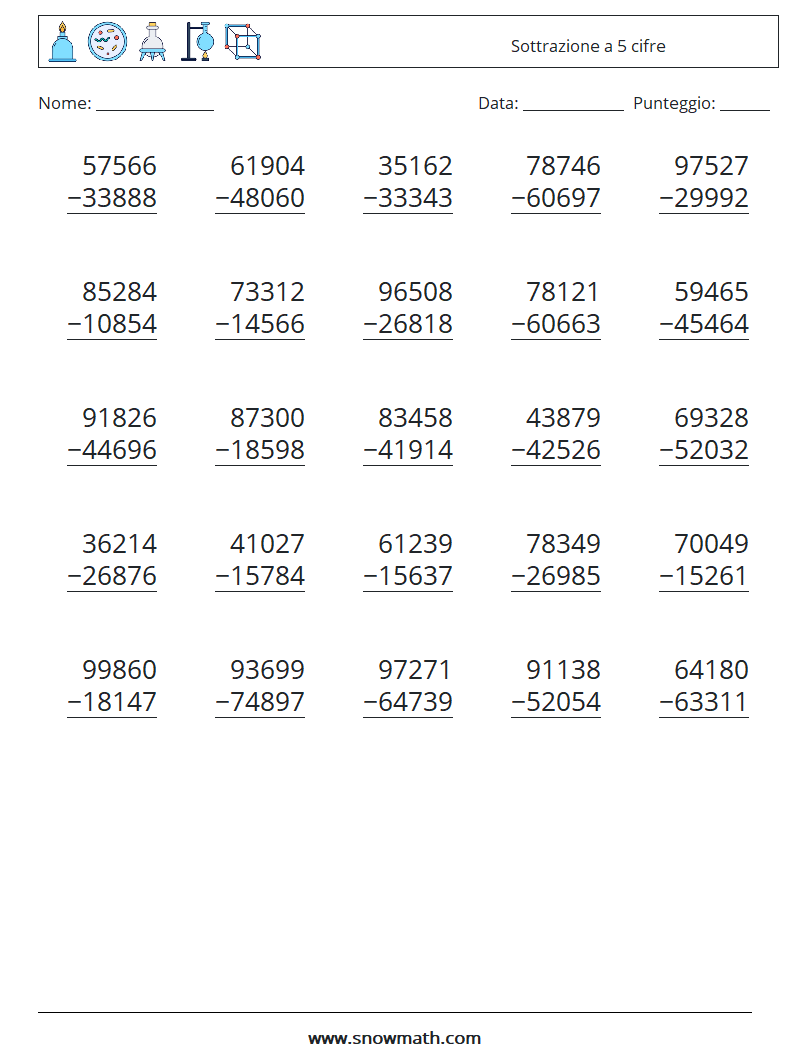 (25) Sottrazione a 5 cifre Fogli di lavoro di matematica 9