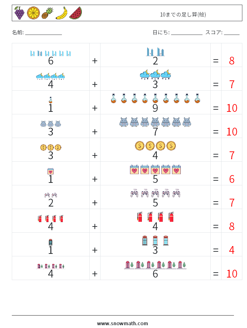 10までの足し算(絵) 数学ワークシート 10 質問、回答