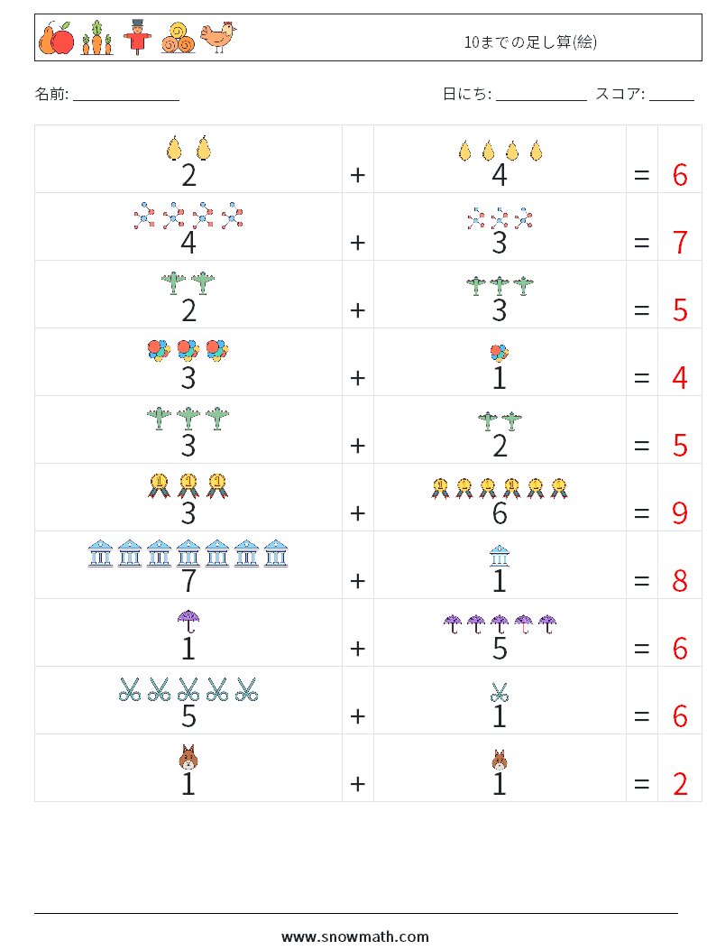 10までの足し算(絵) 数学ワークシート 15 質問、回答