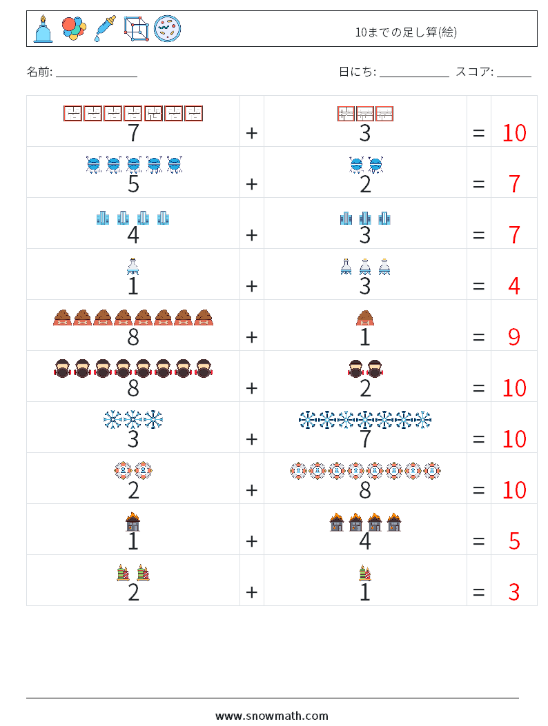 10までの足し算(絵) 数学ワークシート 1 質問、回答