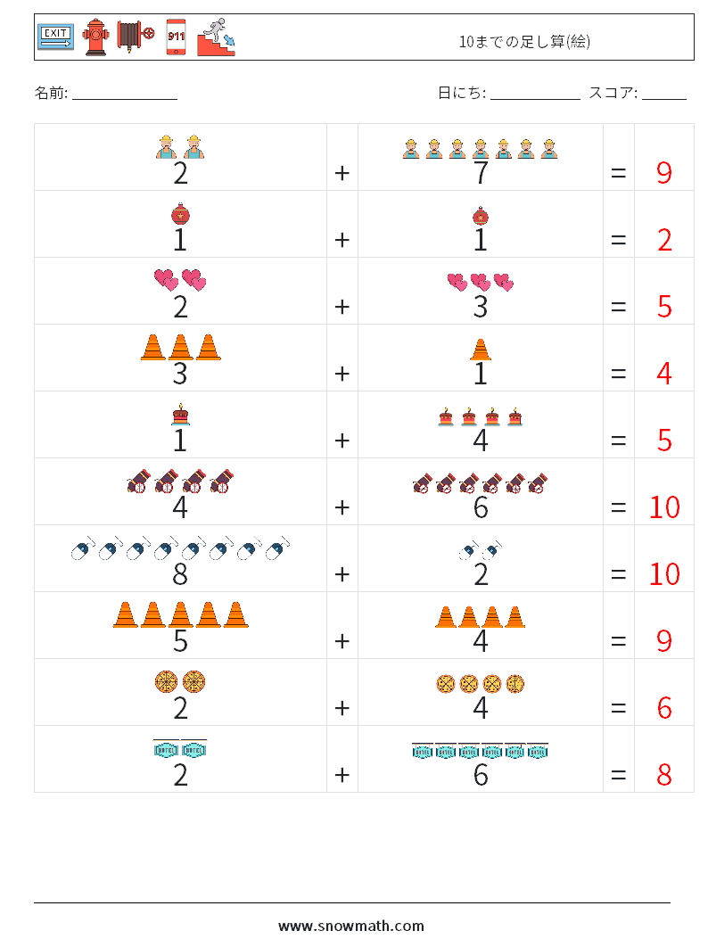 10までの足し算(絵) 数学ワークシート 2 質問、回答